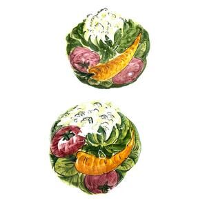 MCM Pair Italian Hand-Painted Vegetable Salad Bowls Scalloped Rims 7" Diameter